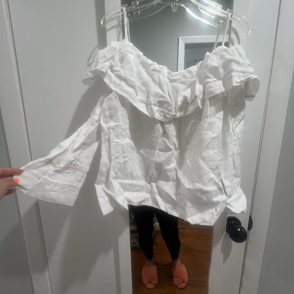 NWT Zara White Off The Shoulder Ruffled Linen Blouse